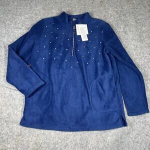 Quacker Factory Jacket Women’s Medium Blue Fleece Rhinestones Full Zip Artsy